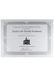 Purity Life Certificate of Appreciation 2010